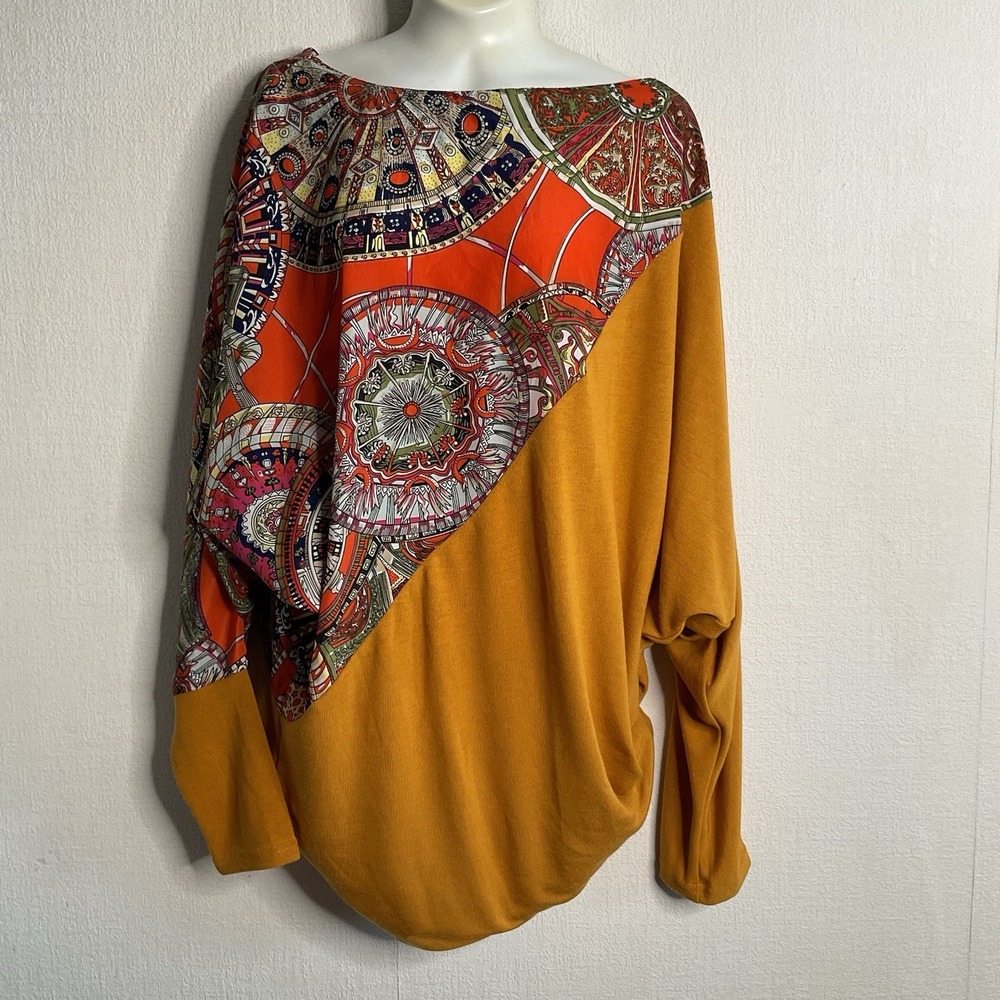 Forla Paris Mixed Media Tunic Women's Size M Mustard Scarf &Knit Top Boho-Chic